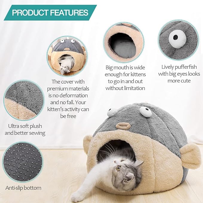 Cat Beds for Indoor Cats - Cat Bed Cave with Removable Washable Cushioned Pillow,2 in 1 Super Soft cat Tent for Kitten and Small Cats, Lively Pufferfish Animal-Shape & Furniture, Grey Multiple Sizes