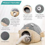 Cat Beds for Indoor Cats - Cat Bed Cave with Removable Washable Cushioned Pillow, Soft Plush Premium Cotton No Deformation Pet Bed, Lively Pufferfish cat House Design, Grey, Multiple Sizes