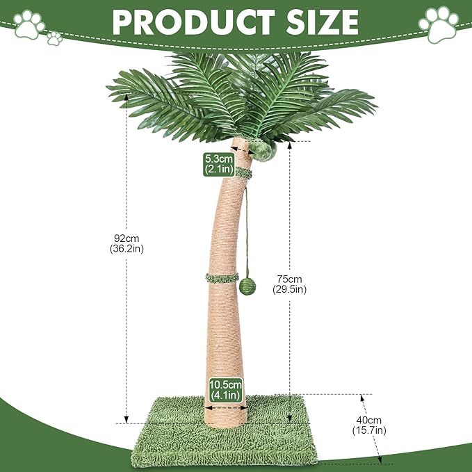 Palm Tree Cat Scratching Post, 36'' Cat Scratcher Post with Natural Sisal Rope, 3 Interactive Balls and Curved Design Scratching Posts for Indoor Cats Adults and Kittens, Multi-Combinable (Style B)