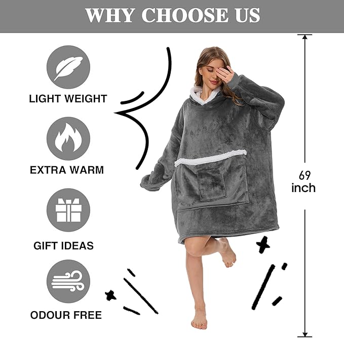 Wearable Blanket Hoodie with Giant Pocket, Soft Warm Sherpa Fleece Oversized Blanket Sweatshirt Gifts for Women Men