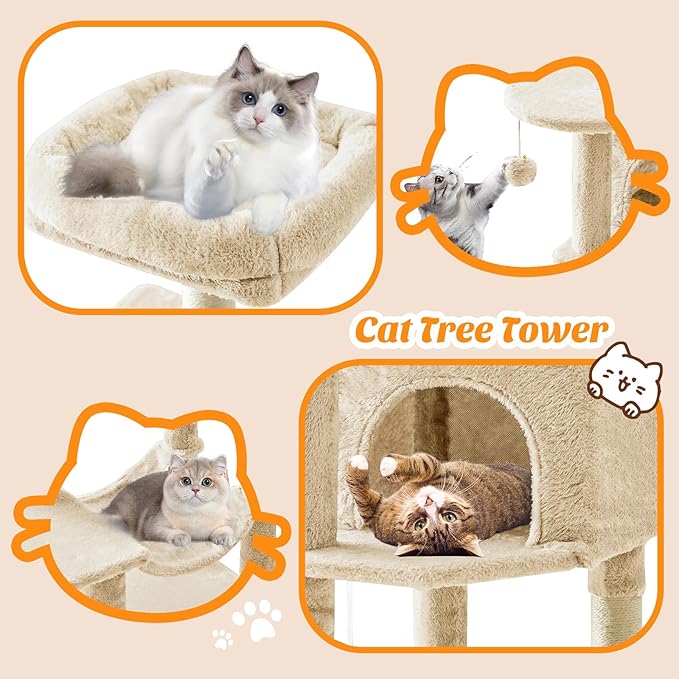 Sweetcrispy 44 Inch Cat Tree Tower, Cat Climbing Tower with Natural Sisal Scratching Posts, Hammock, Pet Condo for Indoor Cats and Kittens Play, Beige