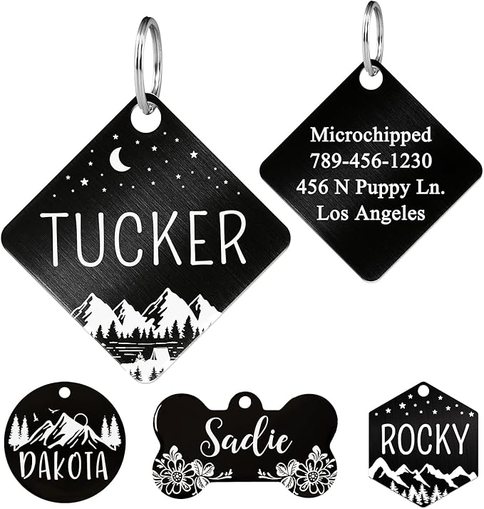 Ultra Joys Personalized Dog & Cat ID Tags - Stainless Steel, Custom Engraving Front & Back, Optional Both Sides, Diamond Tag Mountain Black Small