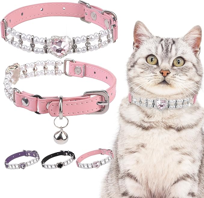 EXPAWLORER Cat Collar Leather with Bell and Safety Elastic Belt,Personalized Rhinestones Bling Adjustable Collars for Cats Kitty and Small Dogs,Pearl cat Collar Pink (Pearl)