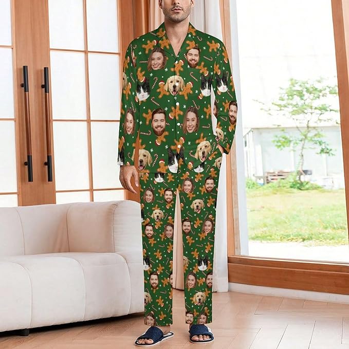 Custom Face Pajamas for Women Men,Personalized Dog Cat Pet Pajamas Set,Christmas Long Sleeve Sleepwear Pjs