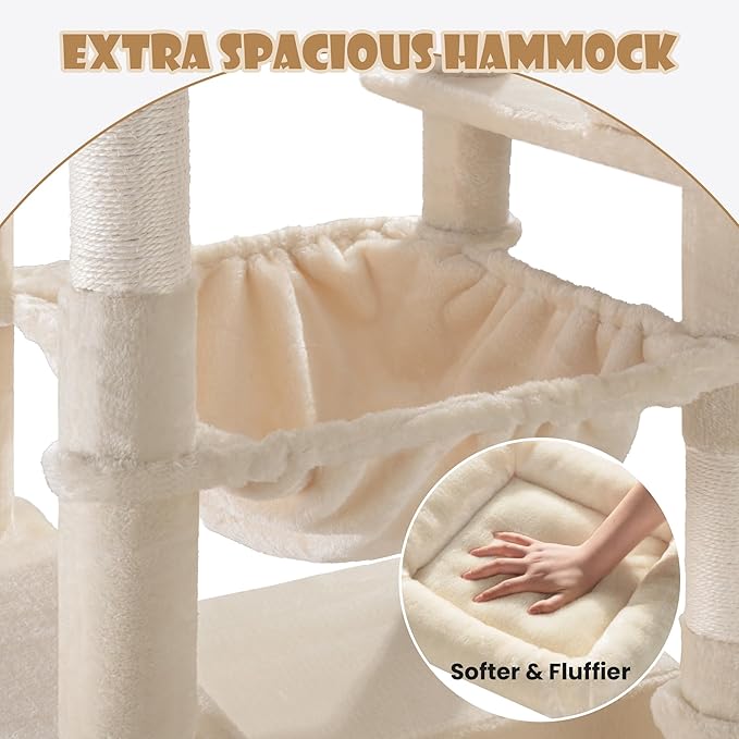 SHA CERLIN 81in Multi-Level Tall Cat Tree Tower for Indoor Kitties/Larger Cat Condo Furniture with Hammock/Cozy Pussycat Perches/Sisal Scratching Posts/Pet House/Wide Base/Beige