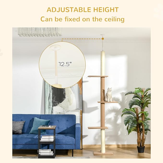 PawHut Floor-to-Ceiling Cat Tree Cat Climbing Tower with Sisal-Covered Scratching Posts Natural Cat Tree Activity Center for Kittens Cat Tower Furniture, Light Brown