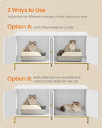 Feandrea Double Cat Litter Box Enclosure, Hidden Litter Box Furniture with Double Room, for 2 Cats, Modern Style, 47.2" Pet House Washroom Cabinet, Side End Table, TV Stand, White and Gold