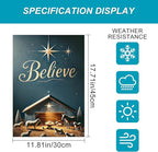 Christmas Nativity Garden Flag 12x18 Double Sided Believe Starry Night Stable Yard Flag Gold Text Blue Background Winter Outdoor Garden Decor Lawn Porch Patio Holiday Banner