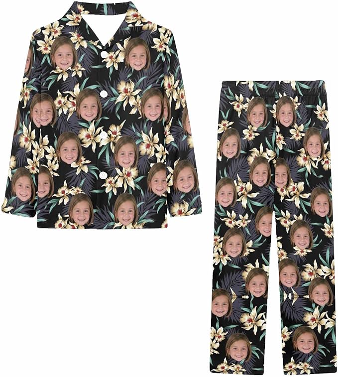 Artsadd Girls Pajamas Set Custom Face Pet Photo Long Sleeve Sleepwear Personalized Printed V-Neck Button-up Pants Nightwear