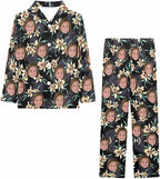 Artsadd Girls Pajamas Set Custom Face Pet Photo Long Sleeve Sleepwear Personalized Printed V-Neck Button-up Pants Nightwear