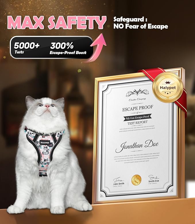Halypet Cat Harness and Leash Set[MAX Safety 4th-Gen] Cute Escape Proof Vest Harness for Girl&Boy Cat Walking, Comfortable Adjustable Leash and Reflective Strips for Outdoor Kitten, M Inky Meowy