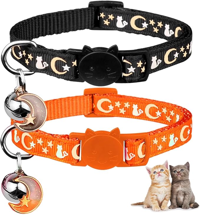 Baeuppit 2PCS Breakaway Cat Collars with Bell Cute Kitty Glow in The Dark Adjustable Kitten Collars(Orange&Black)