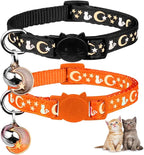 Baeuppit 2PCS Breakaway Cat Collars with Bell Cute Kitty Glow in The Dark Adjustable Kitten Collars(Orange&Black)