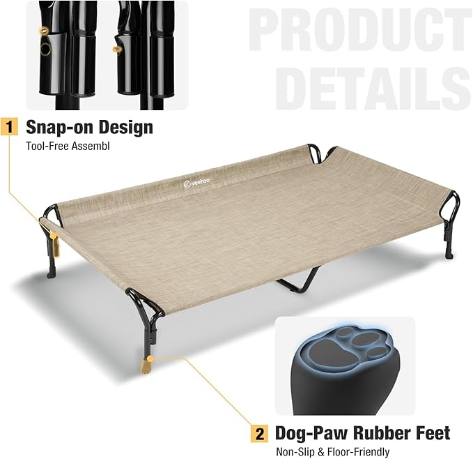 Veehoo Cooling Elevated Dog Bed, XL Raised Pet Cot with Guardrail & Slope Headrest, Durable Breathable Teslin Mesh, Non-Slip Feet, Washable Dog Couch Bed for Indoor & Outdoor, 50.5" x 33.5", Beige