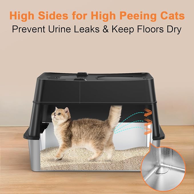 URPOWER Stainless Steel Cat Litter Box with Lid 110° Flip-Top Extra Large Enclosed Litter Box Non-Sticky Metal Pan with High Sided & Scoop, Odor Free, Front & Top Entry, Anti-Leakage, Easy Cleaning