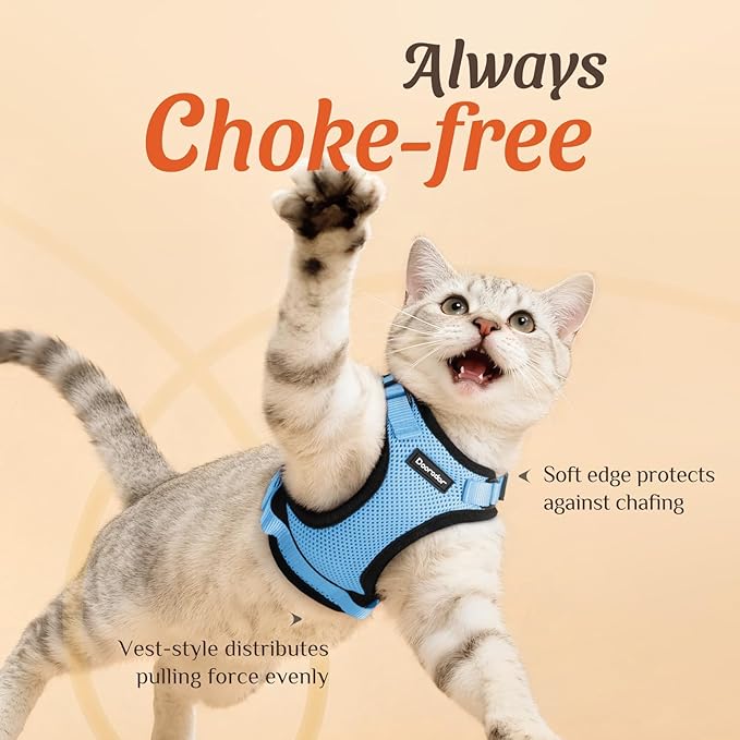 Dooradar Cat Harness and Leash Set, Escape Proof Safe Adjustable Kitten Vest Harnesses for Walking, Easy Control Soft Breathable Mesh Jacket with Reflective Strips for Cats, Light Blue, XXS