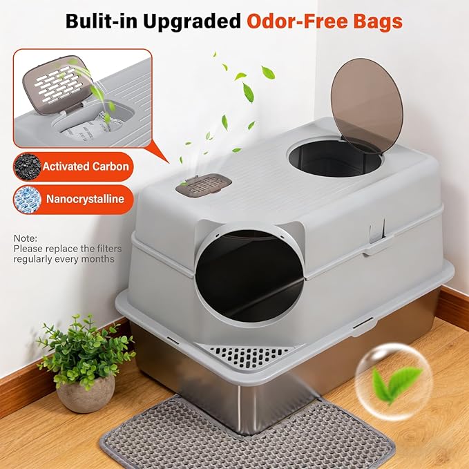 Extra Large Stainless Steel Litter Box with Lid, High Sided Enclosed Metal Cat Litter Box, Dog Proof Front Entry Top Exit, Odor Control, Easy to Clean, Leak Proof, Included Scoop & Mat