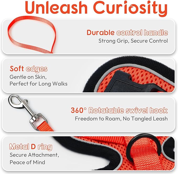 Dooradar Cat Harness and Leash Set, Escape Proof Safe Adjustable Kitten Vest Harnesses for Walking, Easy Control Soft Breathable Mesh Jacket with Reflective Strips for Cats, Reddish Orange, S