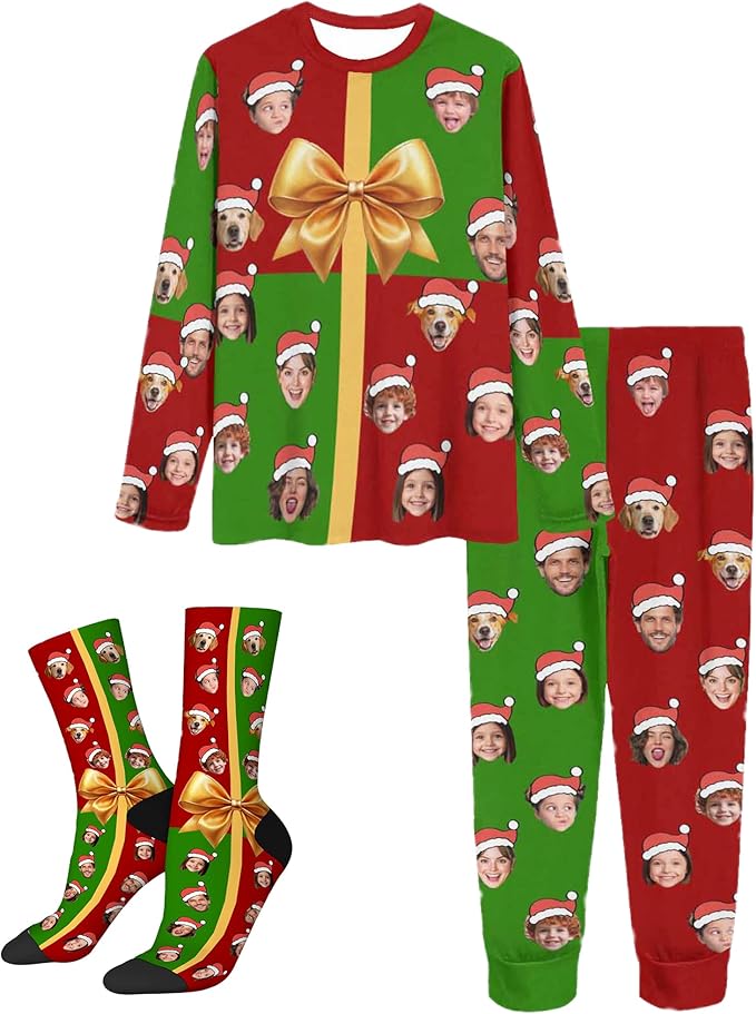 Artsadd Personalized Pajamas with Faces for Women Men Custom Christmas Pajamas Gifts for Family Couple, Funny Photo Pjs