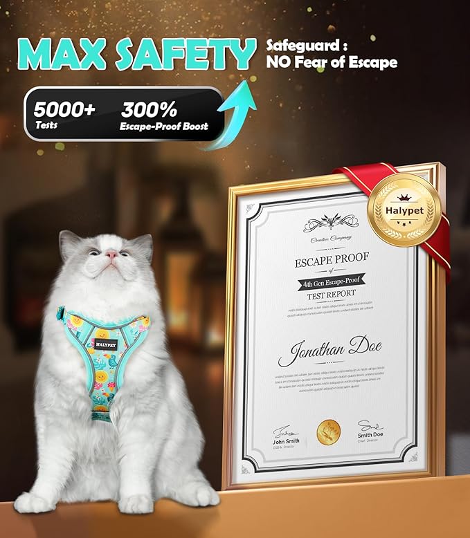 Halypet Cat Harness and Leash Set[MAX Safety 4th-Gen] Cute Escape Proof Vest Harness for Girl&Boy Cat Walking, Comfortable Adjustable Leash and Reflective Strips for Outdoor Kitten, XS Green Tropics