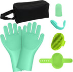 7PCS Dog Washing Gloves | Dog Bath Brush | Storage Bag | Dog Finger Toothbrush for Short & Long Haired Dogs & Cats | Efficient Deshedding Bathing & Massaging, Suitable for Pets (Sage Green)
