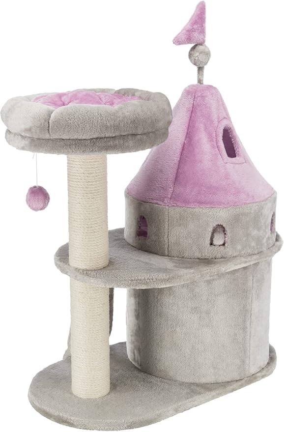TRIXIE My Kitty Darling Castle Condo, Plush Cat Tree, Sisal Scratching Post, Removable Bed, Crinkling Blanket, Cat Toy