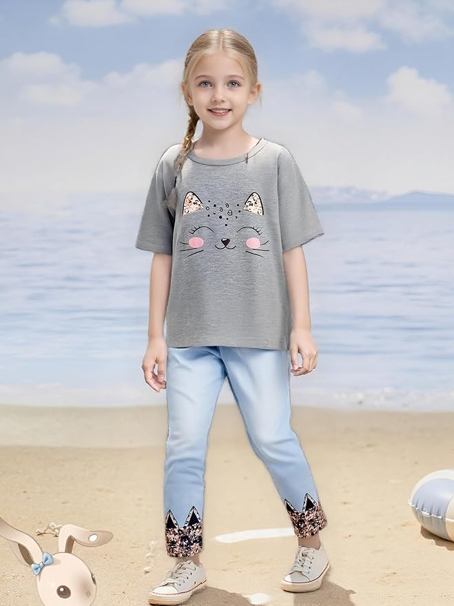 4-8T Toddler Girl Clothes Cat face print Short Sleeve Top+Pants Outfits Girl Spring and summer 2-Piece Set