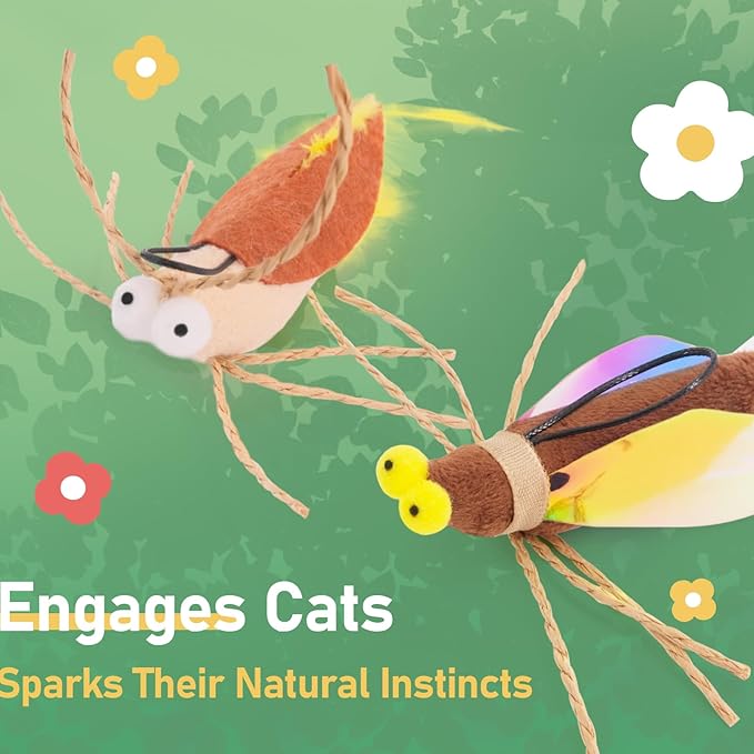 SONGWAY Cat Toy Wand Refill Bugs - 4 Pieces Cat Bug Toys Replacement, Teaser Wand Toy Attachments, Interactive Insect Feather Toys for Cats Kittens