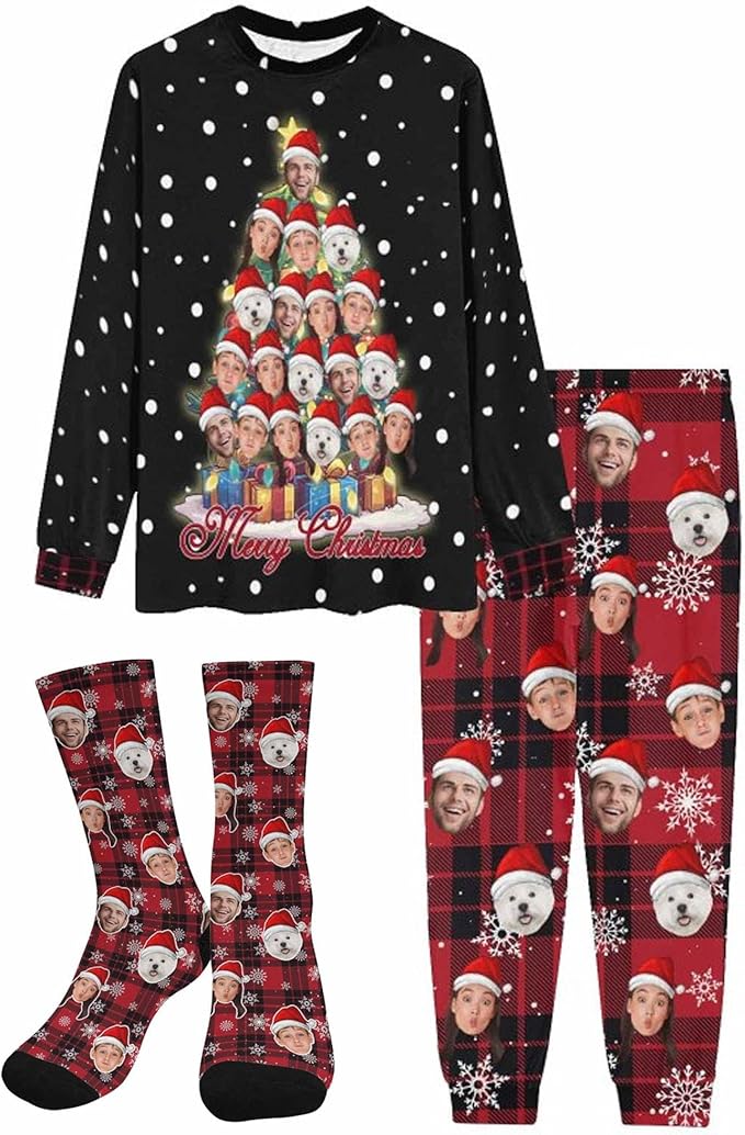 Artsadd Personalized Pajamas with Faces for Women Men Custom Christmas Pajamas Gifts for Family Couple, Funny Photo Pjs