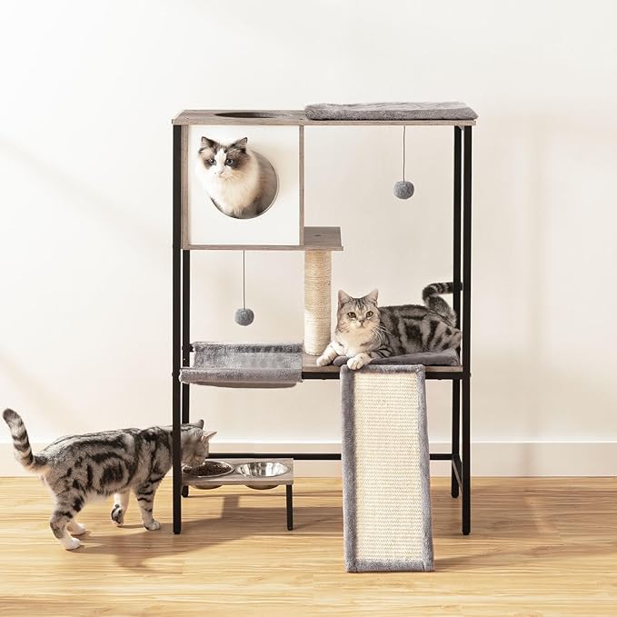 HOOBRO Wooden Cat Tree, Versatile Cat Tower with Scratching Post, Cat Hammock and Food Bowls, 4-Tier Pet House for Indoor Cats, Multi-Cat Families, Greige BG34MZ03
