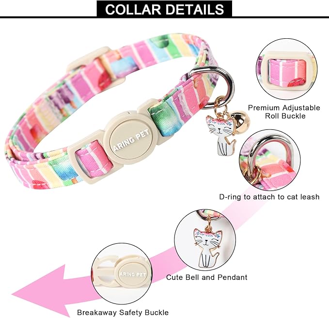ARING PET 2 Pack Cat Collars-Cute Breakaway Cat Collar with Bell & Pendant, Adjustable Strawberry&Ice Cream Pattern Kitten Collars with Safety Buckle for Girl and Boy Cats