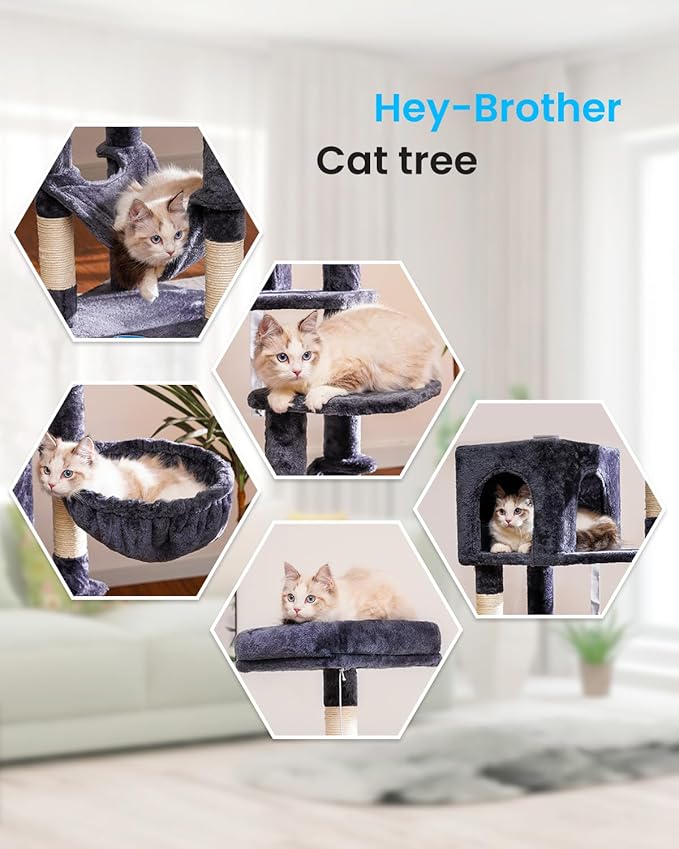 Hey-brother Cat Tree with Large Hammock, Multi-Level Cat Tower for Indoor Cats, Cat Condo with Sisal-Covered Scratching Posts and Top Perch, Smoky Gray MPJ050G