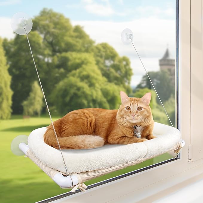 Fluffy Cat Window Bed for Indoor Cats – Strong Suction Cup Hammock with Breathable Mesh and Soft Cushion, Supports Large Cats