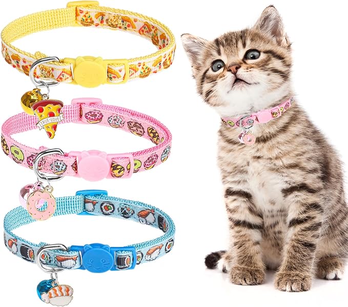 BINGPET Christmas Breakaway Cat Collar with Bell,3 Pack Cat Collars for Girl Cats, Cute Kitty Collars Accessories with Donut & Sushi & Pizzas(Yellow/Pink/Blue)