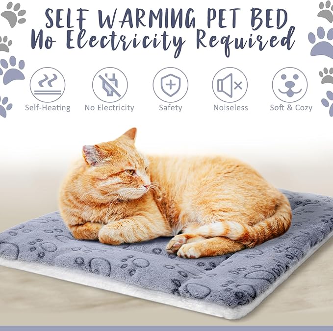 VitalCozy 2 Pack Self Warming Cat Mat Self Heating Pad Bed Reversible Machine Washable Reflects Body Heat Warm Thermal Pet Pad Crate Blanket for Feral and Indoor Cat (Grey,22'' X 18'',Dog Paw)