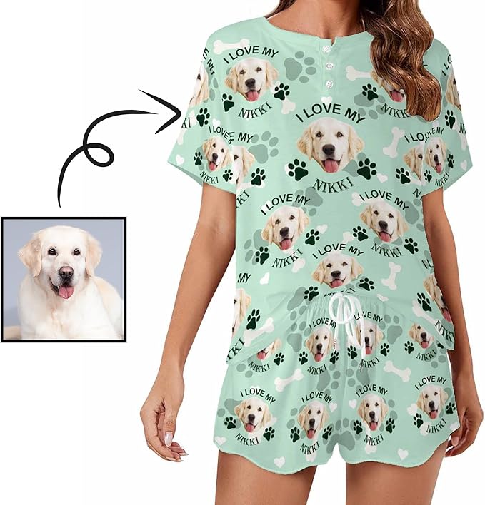 Custom Short Pajamas Set with Face Photo Women‘s Sleepwear Tee Personalized PJ Short Loungewear Set fot Her