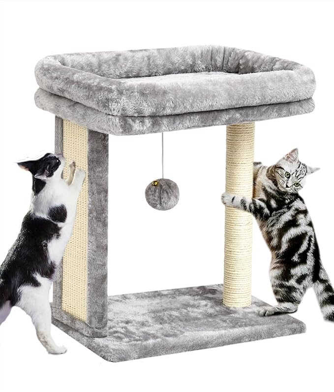 SYANDLVY Cat Tree with Scratching Post for Indoor Cats, Scratching Board with Perch, Cat Post Scratcher with 2 Dangling Balls, Great for Kittens, Grey