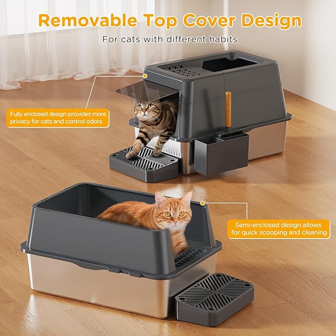 Stainless Steel Litter Box with Lid, XL Closed Metal Litter Box Modular Design with Flip Lid Fits All Cats, Extra Large Covered High Sided Cat Box, Scoop, Non-Sticky, Easy Cleaning (Dark Grey)