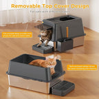 Stainless Steel Litter Box with Lid, XL Closed Metal Litter Box Modular Design with Flip Lid Fits All Cats, Extra Large Covered High Sided Cat Box, Scoop, Non-Sticky, Easy Cleaning (Dark Grey)
