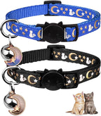 Baeuppit 2PCS Breakaway Cat Collars with Bell Moons Stars Cute Kitty Adjustable Safe Kitten Collars with Pendant Glow in The Dark(Black&Blue)