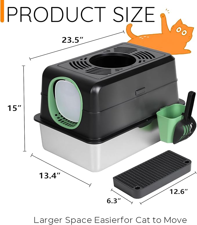Cat Litter Box with Lid,Extra Large Enclosed Removable Cat Litter Boxes ，Stainless Covered，Top Entry Metal Kitty Litter Box with Cover.High Sided Enclosure with Scoop-Black