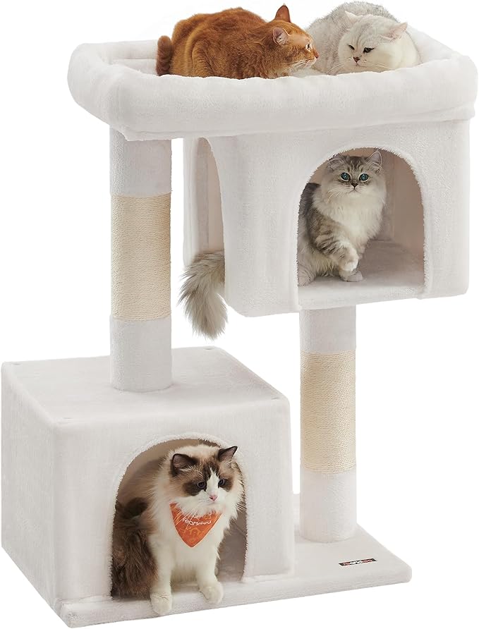 Feandrea Cat Tree, 40.6-Inch Cat Tower, Plush Condo for Extra Large Cats up to 44 lb, Large Perch, 2 Caves, Scratching Post, Cream White UPCT614T01
