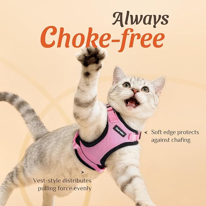 Dooradar Cat Harness and Leash Set, Escape Proof Safe Adjustable Kitten Vest Harnesses for Walking, Easy Control Soft Breathable Mesh Jacket with Reflective Strips for Cats, Pink, XS