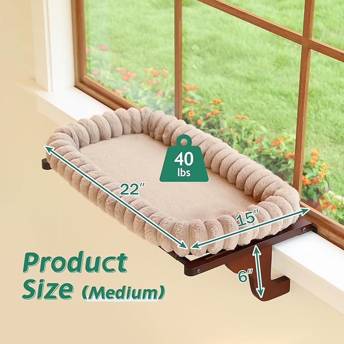 Zakkart SnugCloud Cat Window Perch with 4-Sided Bolster - Orthopedic Cat Hammock for Window Sill - Solid Hardwood & Metal Frame - Window Seat for Pets (Dark Stained Wood w/Brown Bed, Medium)