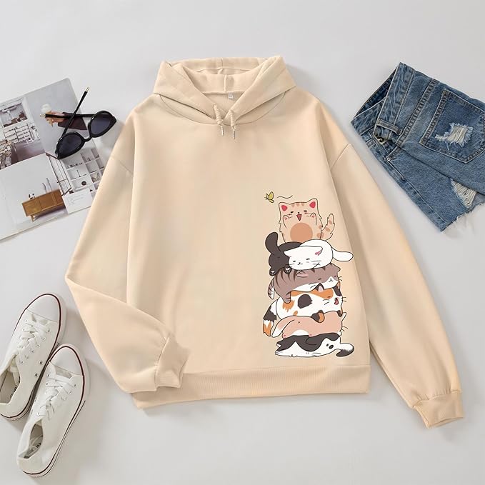 Tuislay Cute Cat Graphic Hoodies for Teen Girls Kawaii Cartoon Printed Hoodie Women Anime Print Hooded Sweatshirt Pullover