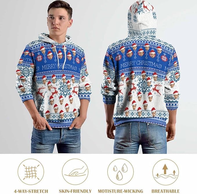 Artsadd Custom Face Unisex athletic Pockets Sweatshirt Loose Hoodie Custom Christmas Long Sleeve Sweatshirt Hooded Pullover