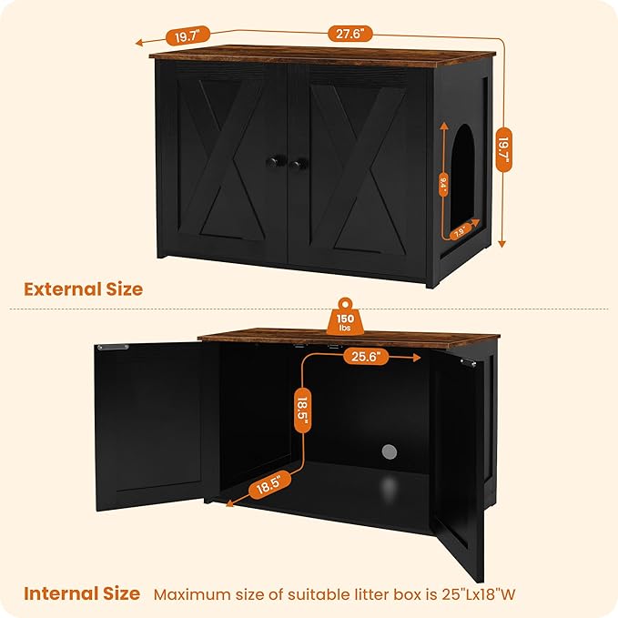 Dwanton Litter Box Enclosure, Cat Litter Box Furniture Hidden, Reversible Entrance Can Be on Left or Right Side, Wooden Cat Washroom Indoor, Black and Rustic Brown, 27.6 Inches