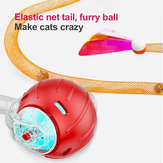 Interactive Cat Toys for Indoor Cats,The 3rd Generation Agile Moving Cat Ball with Elastic Mesh Tail,Automatic Kitten Toys for Bored Indoor Cats (Red)
