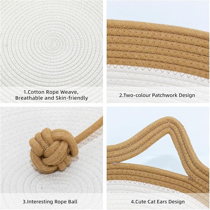 Cotton Rope Woven Cat Bed, Pet Sleeping Bed with a Playing Rope Ball, Foldable Sleeping Basket for Cats, Puppies, Rabbits and Small Pets (Large, Brown & Beige)