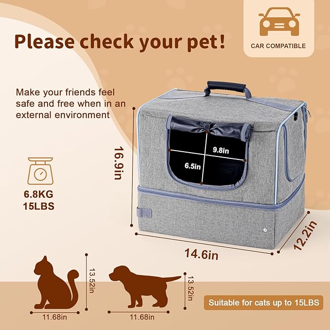 Cat Enclosed Travel Litter Box Kit with Lid Odorless Dustless, Lightweight Cat Portable Foldable Litter Box for Indoor and Car